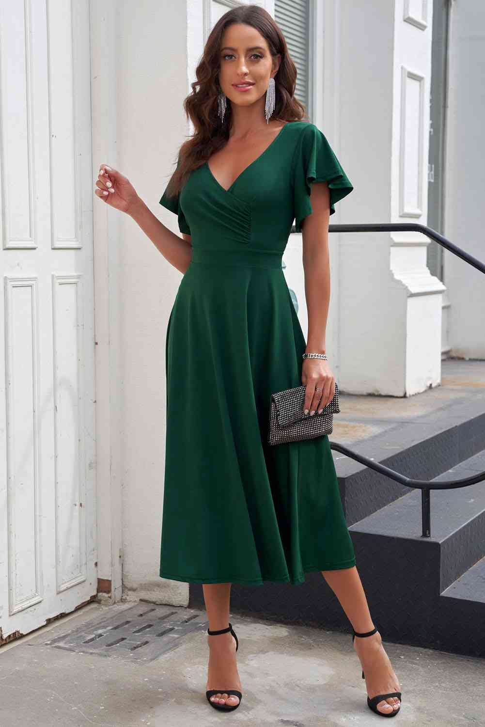 Flutter Sleeve Surplice Midi Dress