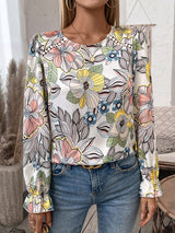 Printed Round Neck Flounce Sleeve Blouse