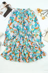 Printed Tie Neck Ruffle Hem Tiered Dress