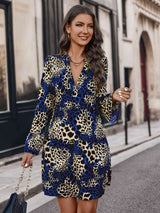 Leopard Notched Long Sleeve Dress