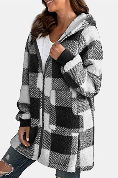 Double Take Full Size Plaid Long Sleeve Hooded Coat