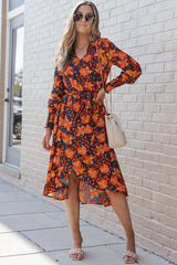 Printed Tie Front Smocked Long Sleeve Dress