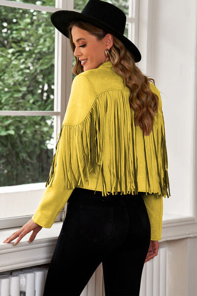 Fringe Trim Lapel Collar Cropped Blazer