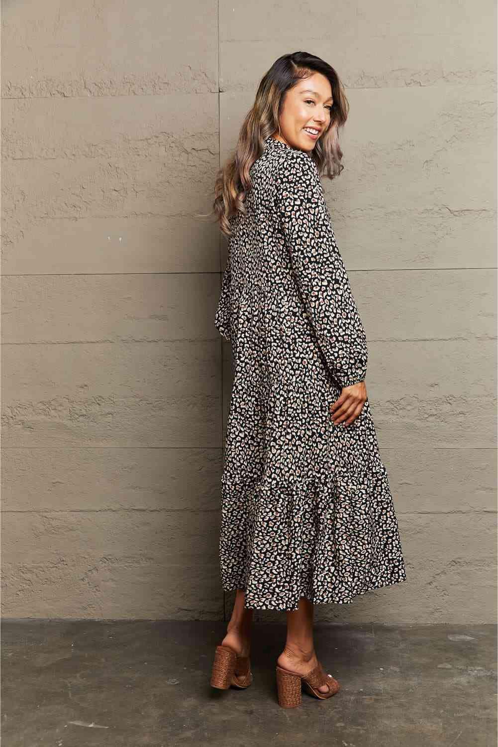 Notched Neck Long Sleeve Midi Dress