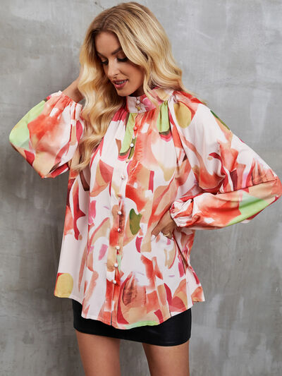 Printed Mock Neck Balloon Sleeve Shirt