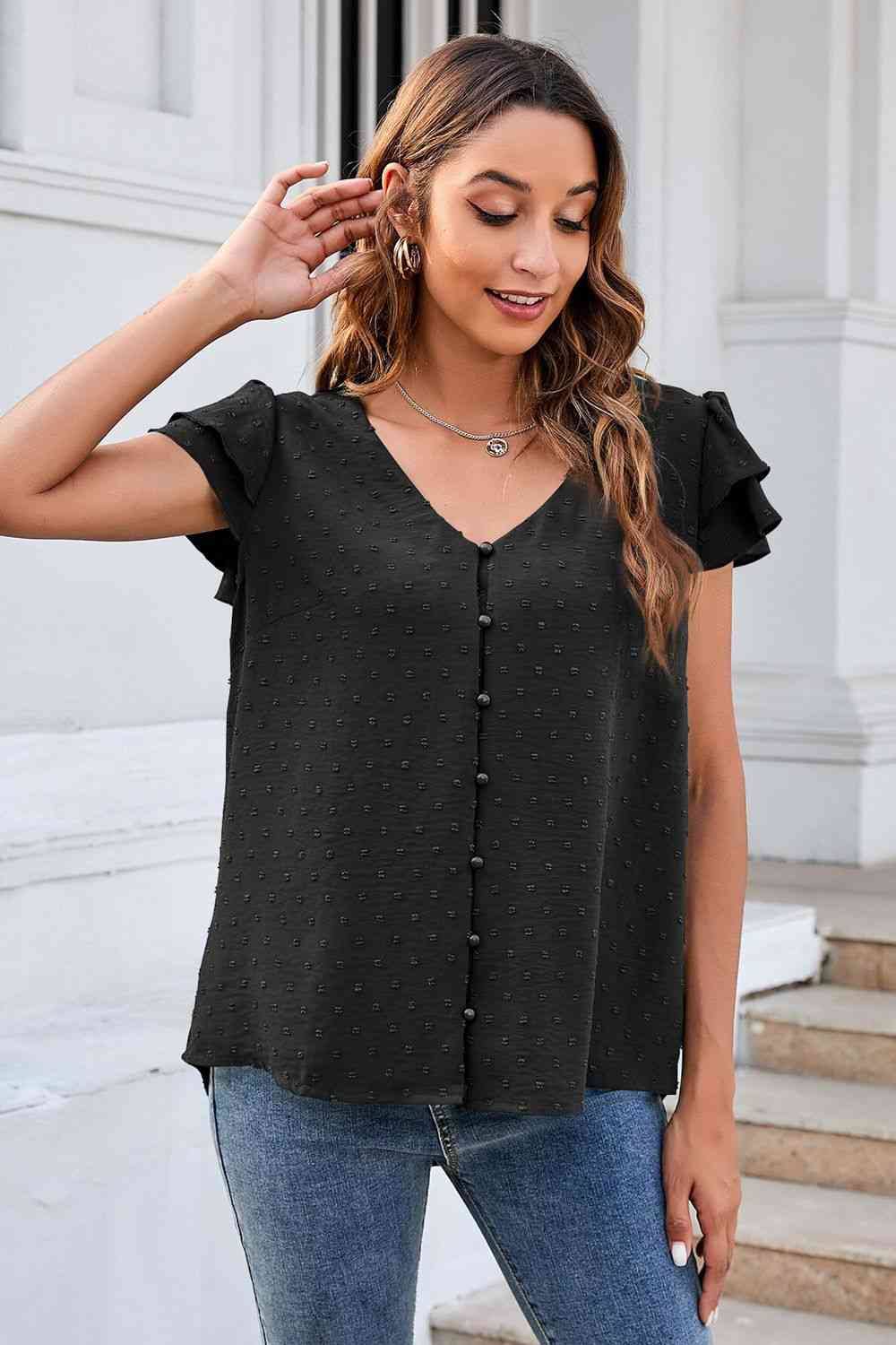 Swiss Dot Layered Flutter Sleeve Shirt