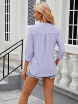 Eyelet Notched Three-Quarter Sleeve Blouse