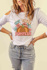 Asymmetrical HEY THERE PUMPKIN Graphic Cold Shoulder Tee