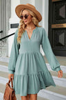 Notched Neck Long Sleeve Mini Dress