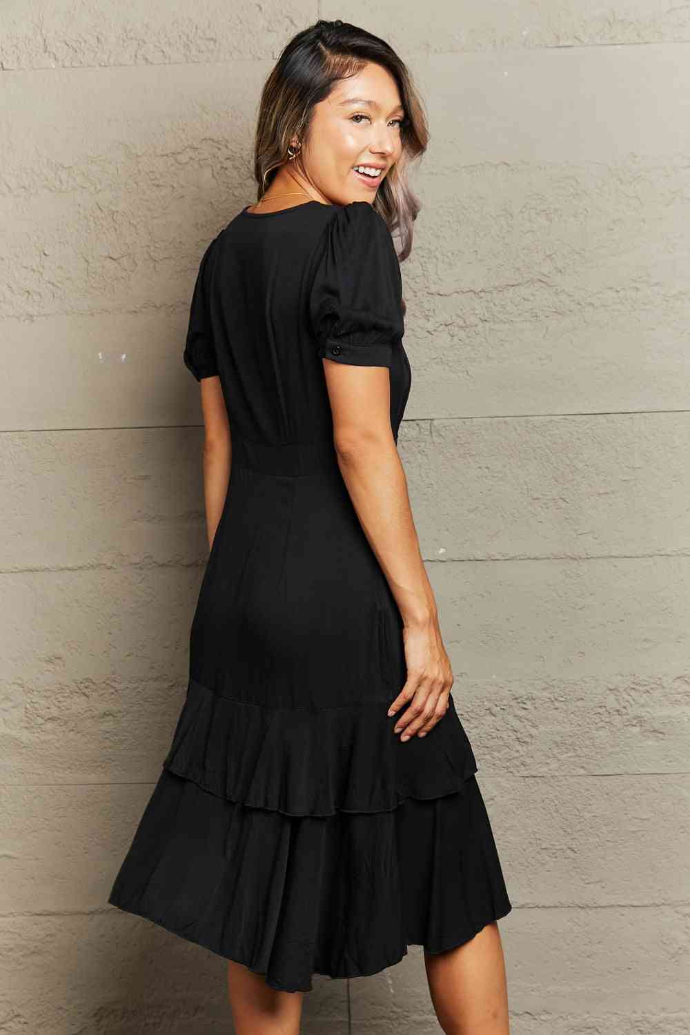 Decorative Button Surplice Ruffle Hem Dress