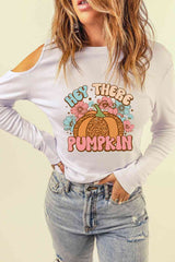 Asymmetrical HEY THERE PUMPKIN Graphic Cold Shoulder Tee
