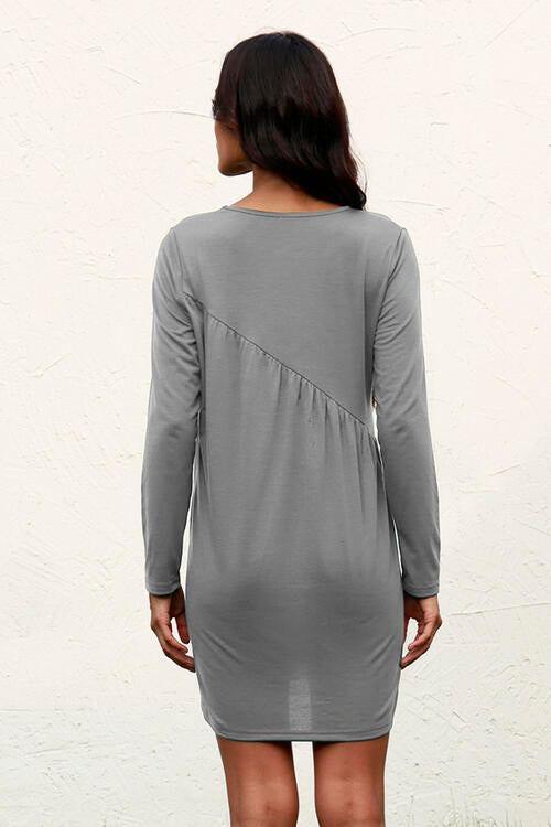 Ruched Round Neck Long Sleeve Dress