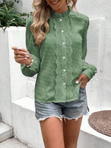 Swiss Dot Lace Detail Button Up Long Sleeve Shirt