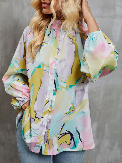 Printed Mock Neck Balloon Sleeve Shirt