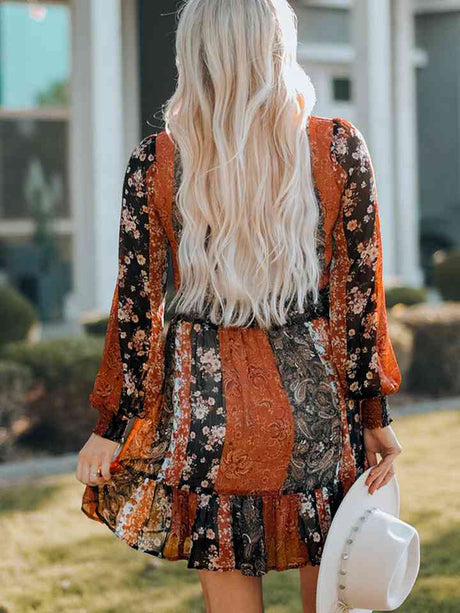 V-Neck Long Sleeve Lantern Sleeve Dress