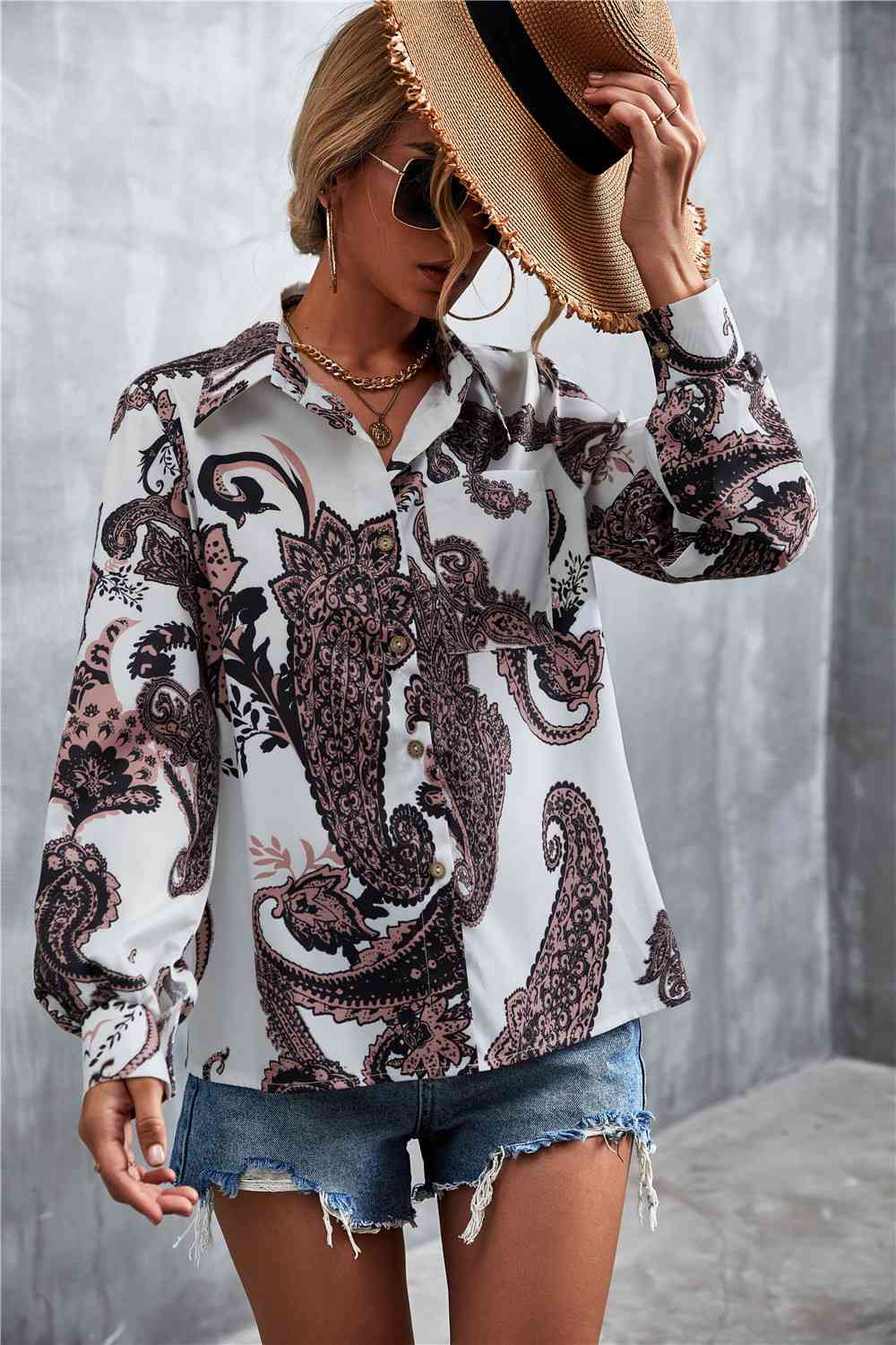 Printed Button Down Long Sleeve Shirt