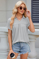 Ruched Johnny Collar Short Sleeve Blouse