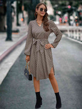 Printed Notched Tie Front Long Sleeve Dress