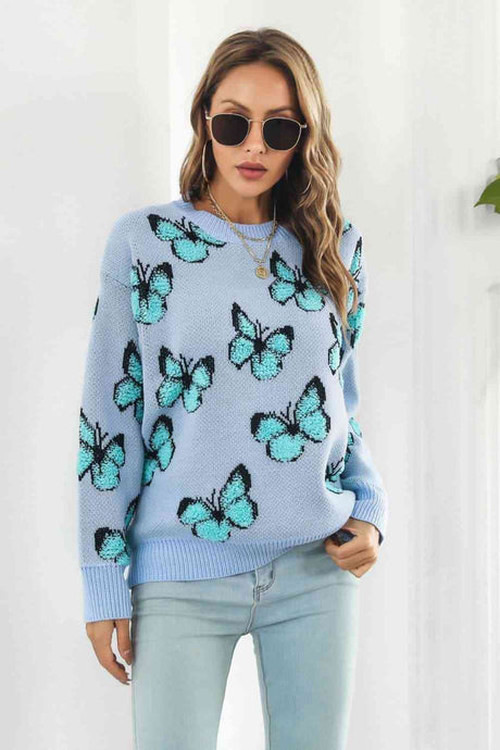 Butterfly Pattern Round Neck Dropped Shoulder Sweater