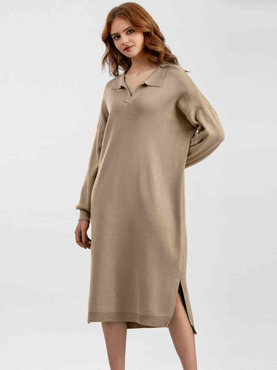 Johnny Collar Long Sleeve Slit Sweater Dress