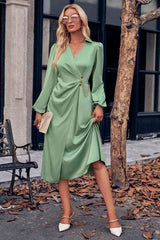 Surplice Neck Puff Sleeve Midi Dress