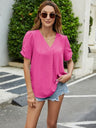 Ruched Short Sleeve V-Neck Blouse