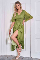 V-Neck Flounce Sleeve Smocked Waist High Slit Dress