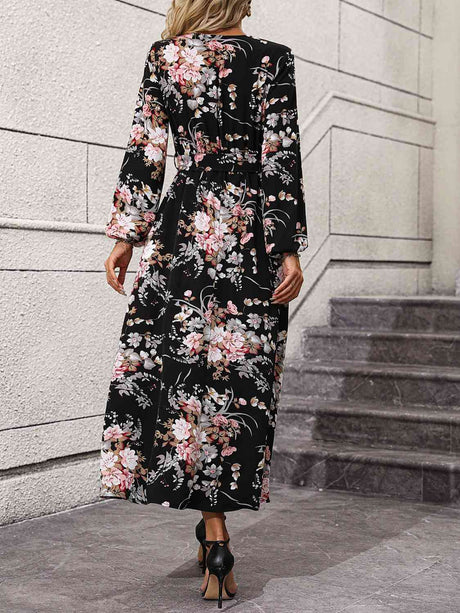 Floral Long Sleeve Surplice Neck Dress