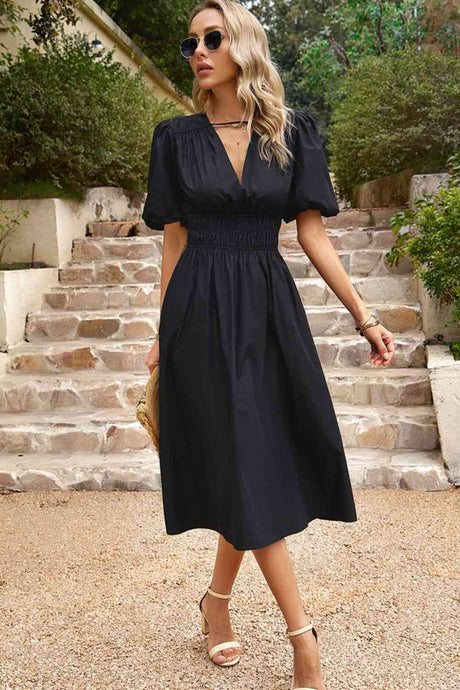 Puff Sleeve Smocked Waist Midi Dress