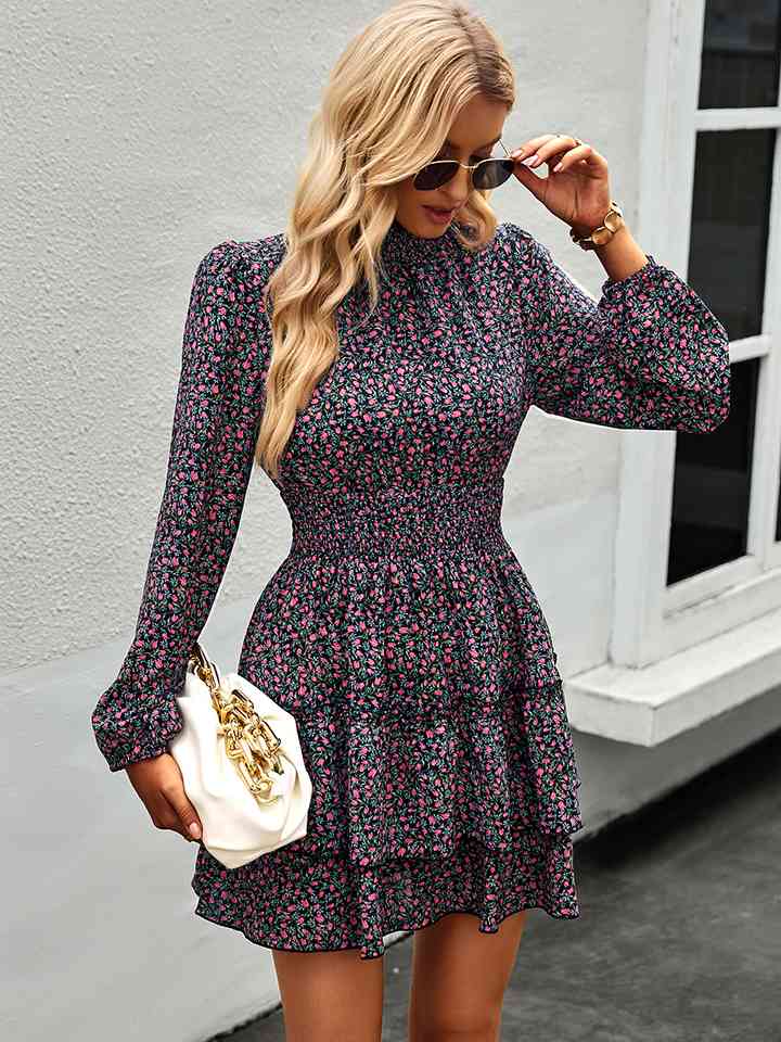 Floral Ruffle Collar Smocked Waist Layered Dress