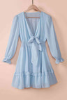 Tied Plunge Smocked Waist Flounce Sleeve Dress