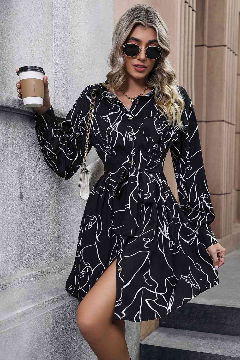 Printed Long Sleeve Shirt Dress