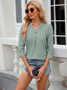 Eyelet Notched Three-Quarter Sleeve Blouse