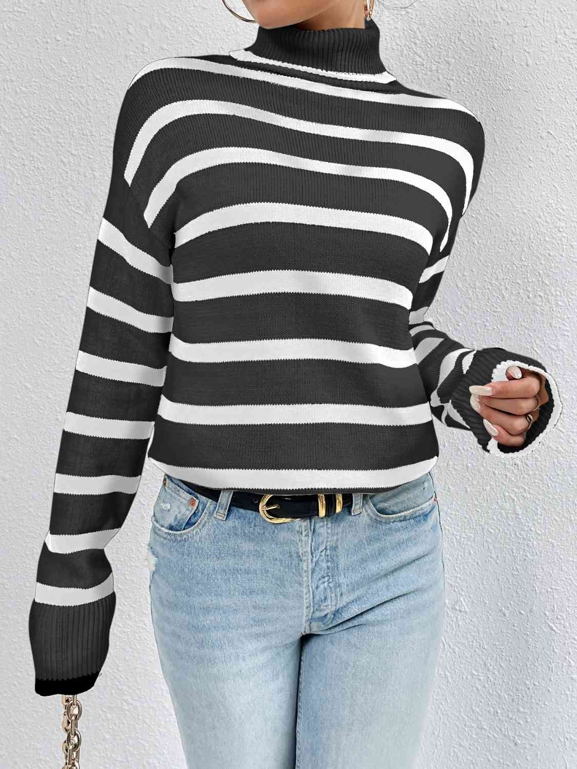 Striped Turtleneck Drop Shoulder Sweater