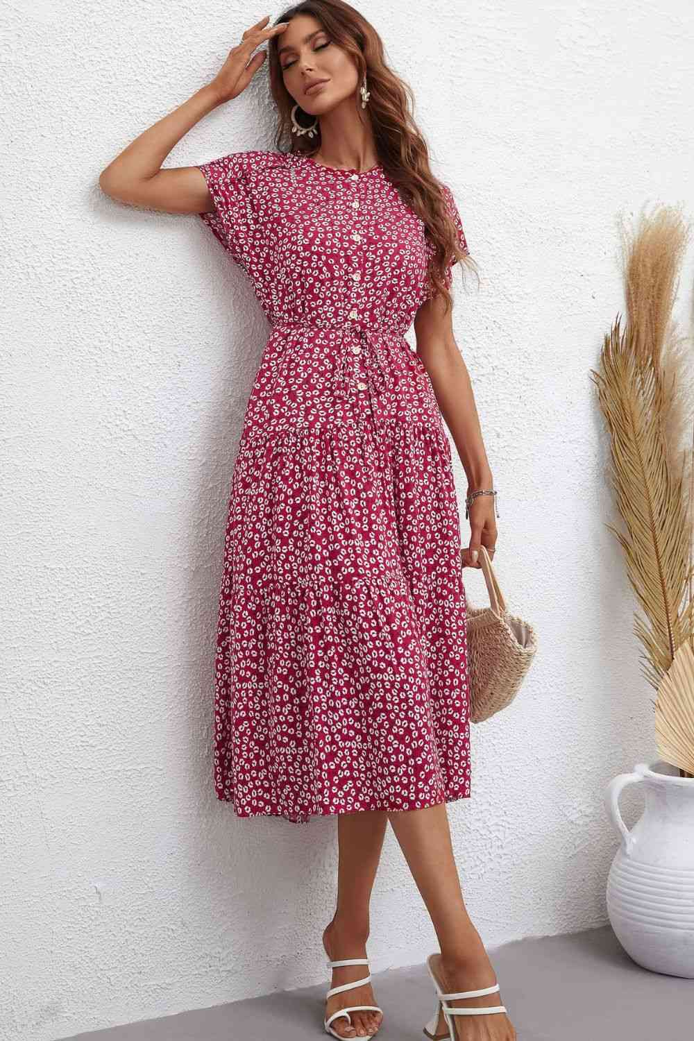 Floral Round Neck Tie Waist Tiered Midi Dress