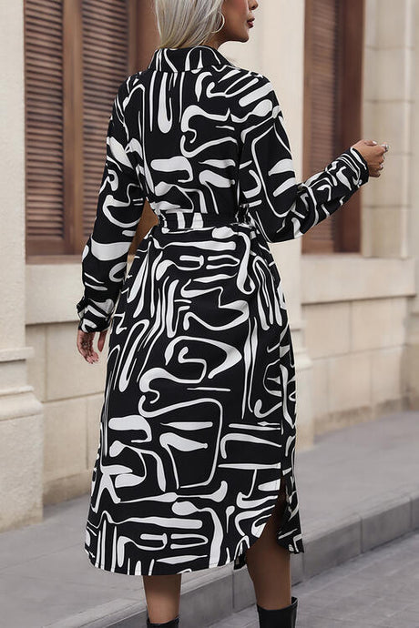 Printed Tie Front Collared Neck Slit Shirt Dress