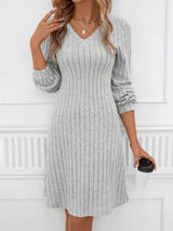 Ribbed V-Neck Long Sleeve Sweater Dress