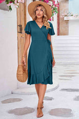 Surplice Neck Flutter Sleeve Dress