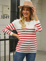 Round Neck Shoulder Button Striped Pullover Sweater