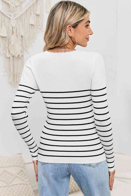 Striped Round Neck Long Sleeve Knit Top