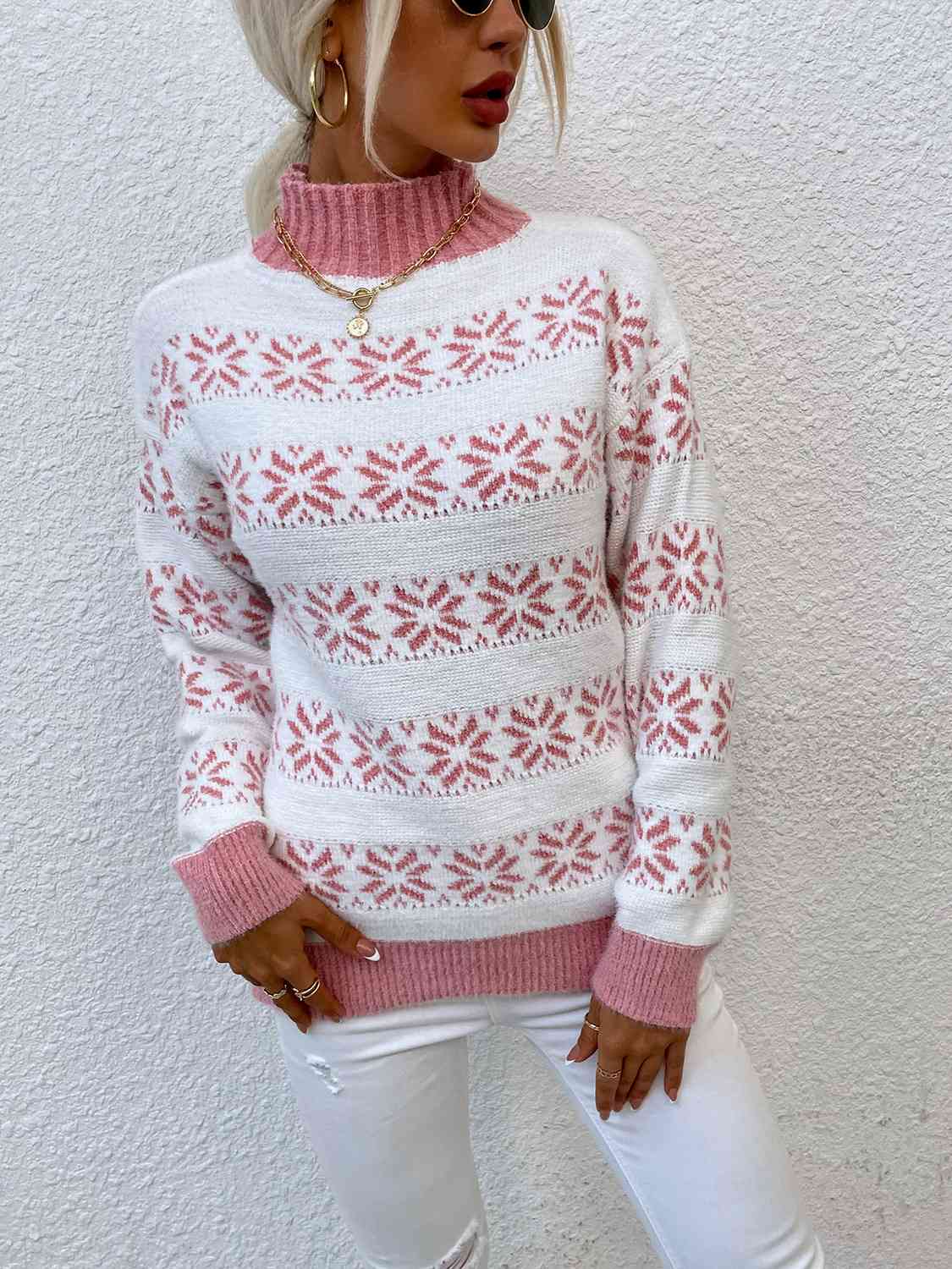 Snowflake Pattern Mock Neck Sweater