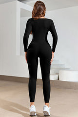 Ruched Square Neck Long Sleeve Active Jumpsuit