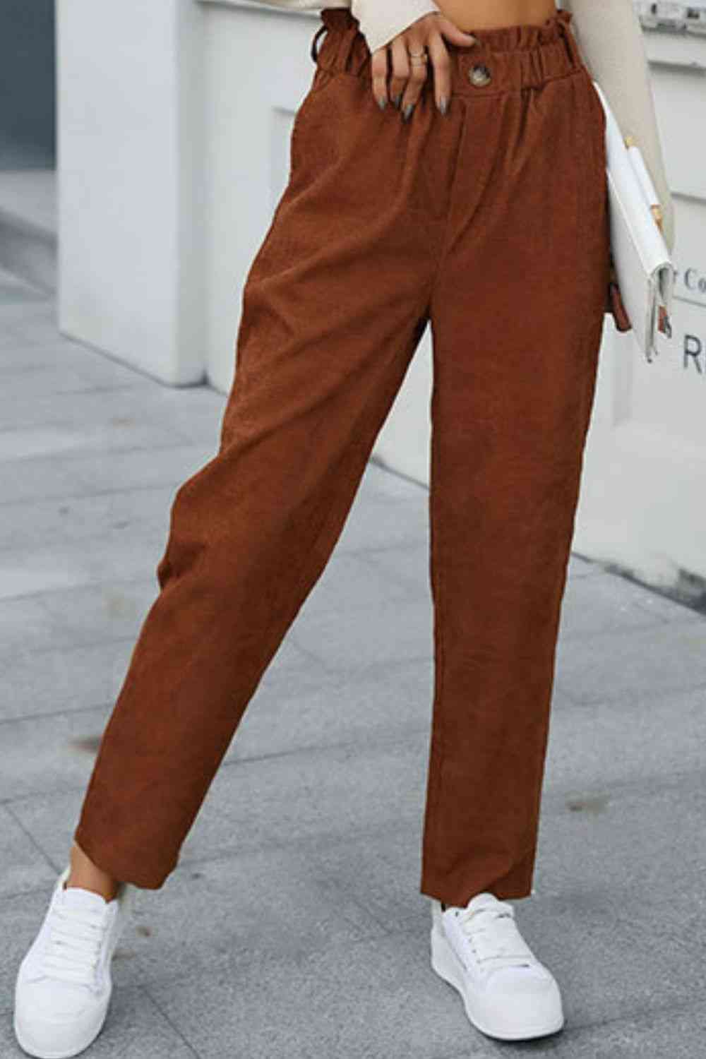 Paperbag Waist Straight Leg Pants with Pockets