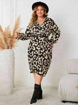 Plus Size Leopard Surplice Neck Flounce Sleeve Dress