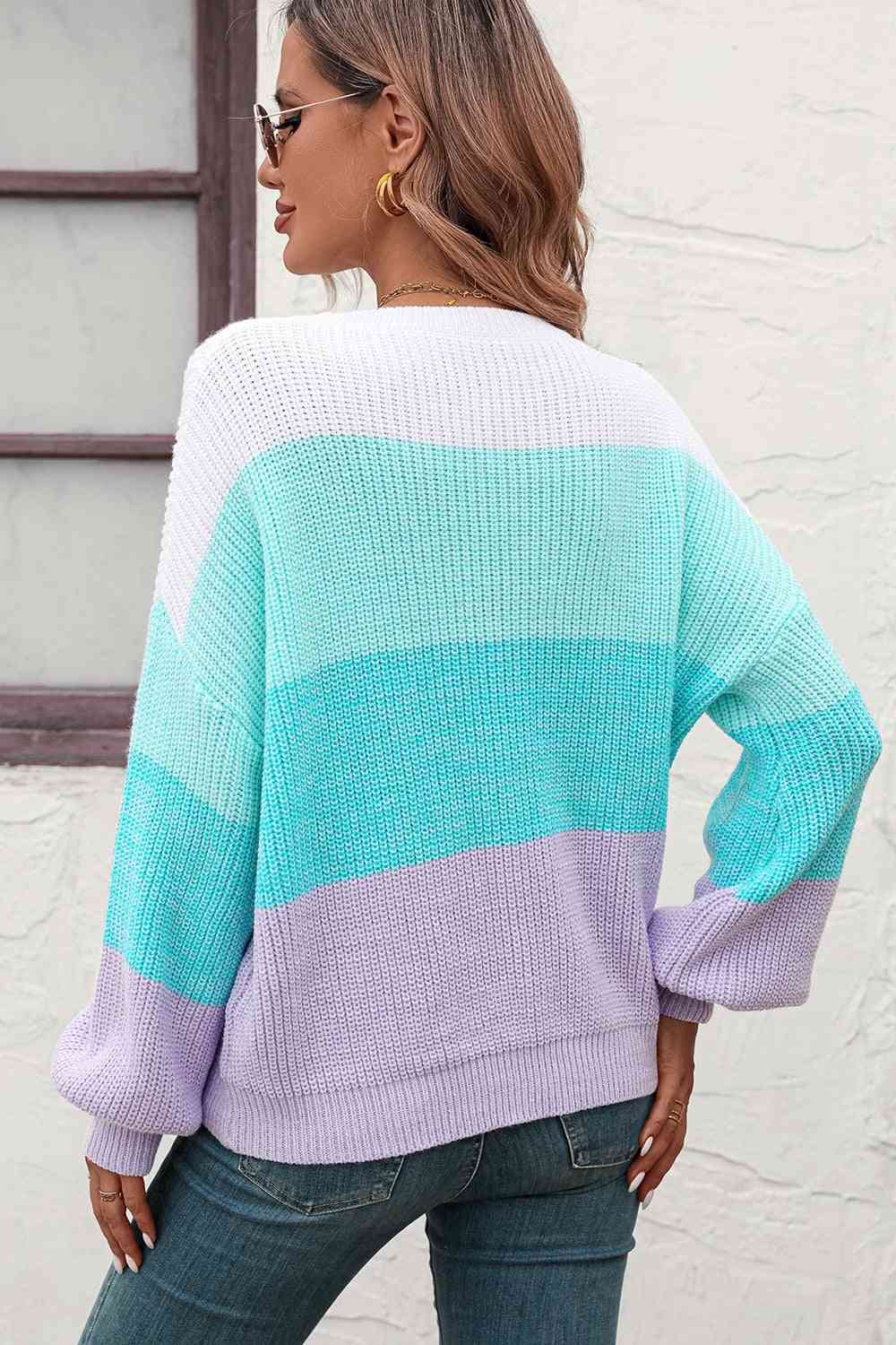 Round Neck Color Block Ribbed Pullover Sweater