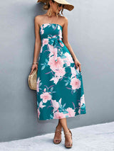 Floral Print Tie Waist Straight Neck Midi Dress