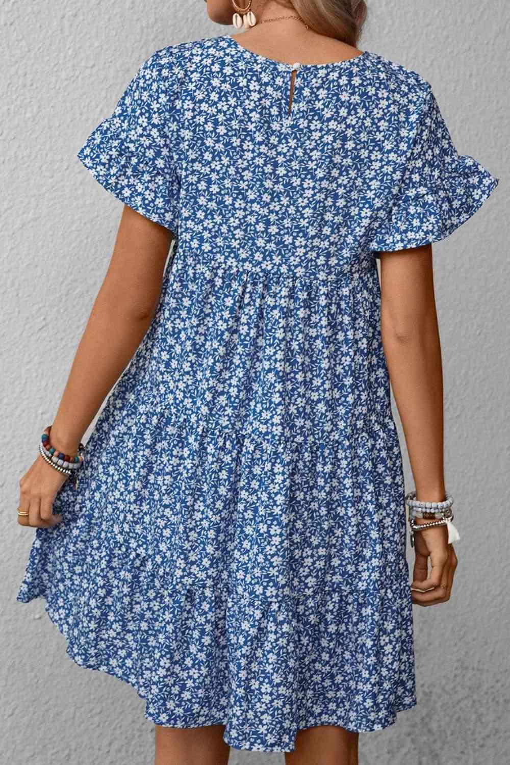 Floral Round Neck Flounce Sleeve Dress