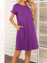 Round Neck Flounce Sleeve Dress with Pockets