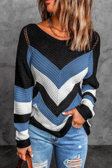 Eyelet Color Block Long Sleeve Sweater