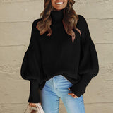 Turtleneck Lantern Sleeve Dropped Shoulder Sweater